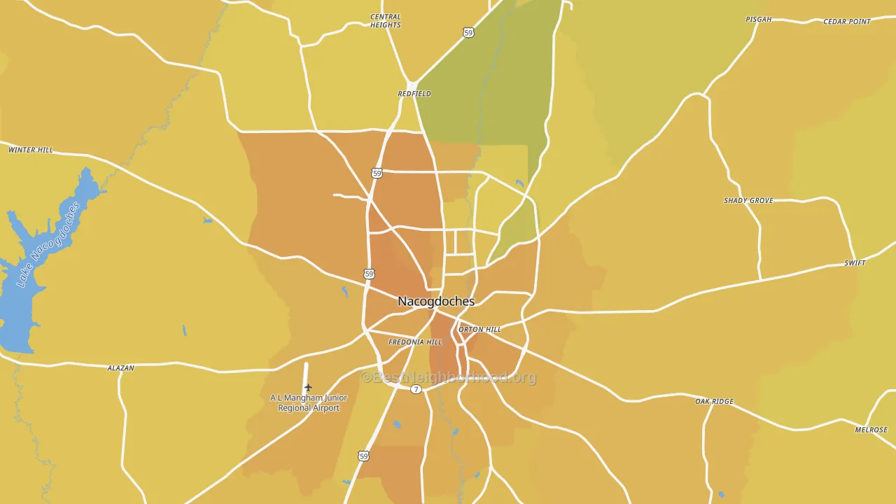 Map of the best neighborhoods in the Nacogdoches area, with better matches in green and worse matches in red
