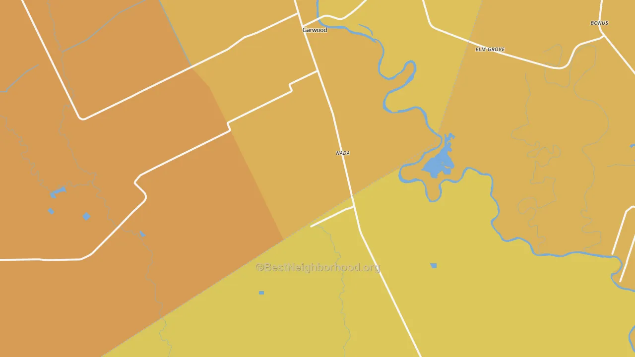 Map of the best neighborhoods in the Nada area, with better matches in green and worse matches in red