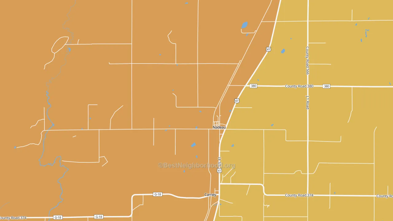 Map of the best neighborhoods in the Nadeau area, with better matches in green and worse matches in red