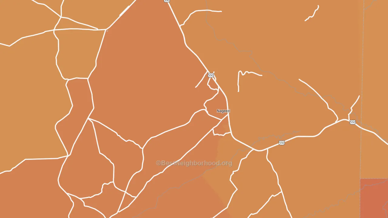 Map of the best neighborhoods in the Nageezi area, with better matches in green and worse matches in red