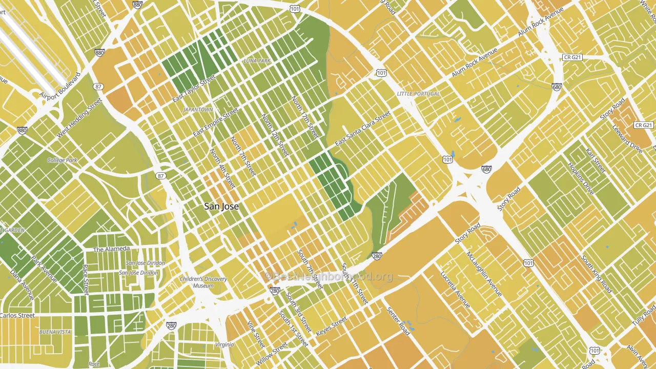 Map of the best neighborhoods in the Naglee Park, San Jose area, with better matches in green and worse matches in red