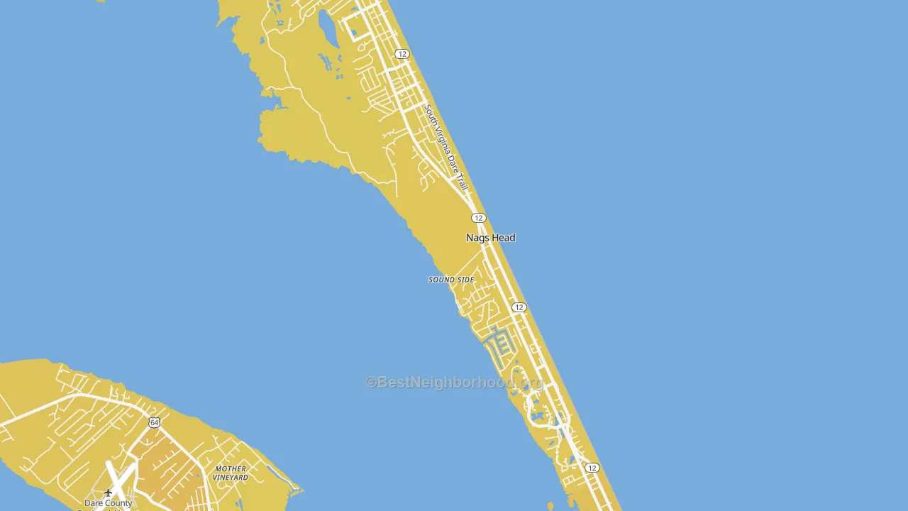 Map of the best neighborhoods in the Nags Head area, with better matches in green and worse matches in red