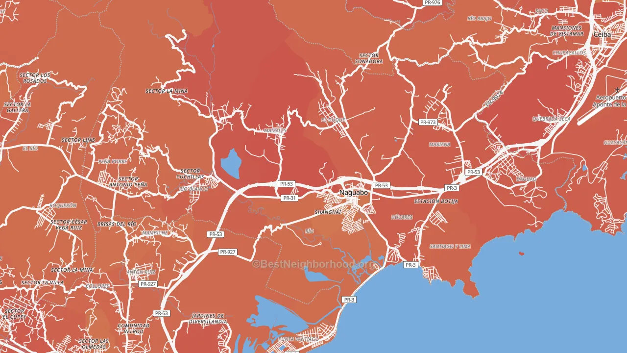 Map of the best neighborhoods in the Naguabo Municipio area, with better matches in green and worse matches in red