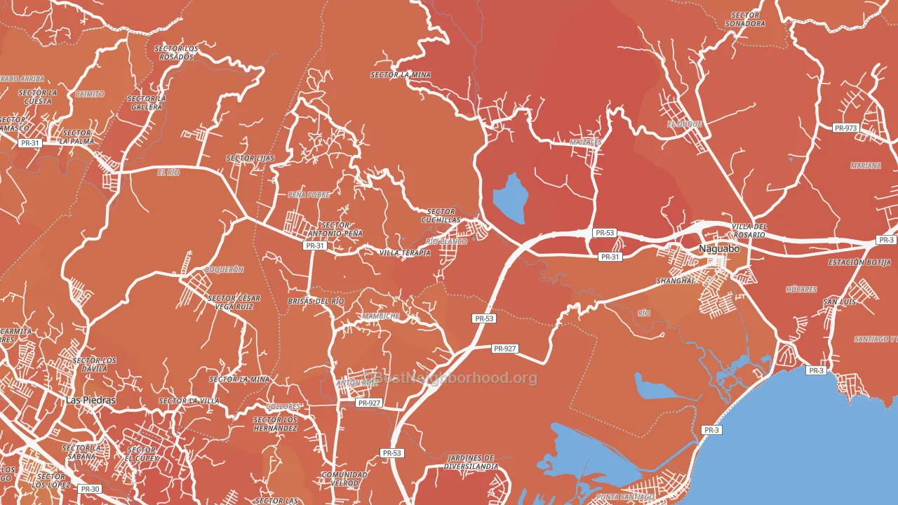 Map of the best neighborhoods in the Naguabo area, with better matches in green and worse matches in red