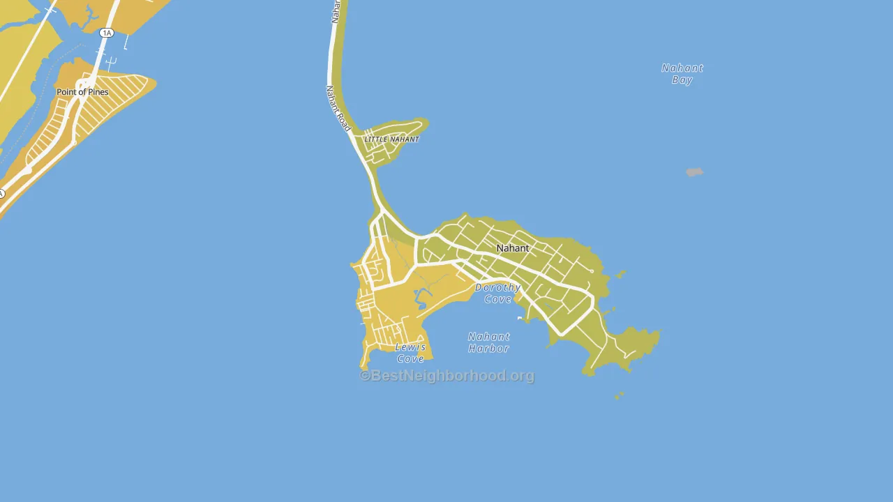 Map of the best neighborhoods in the Nahant area, with better matches in green and worse matches in red