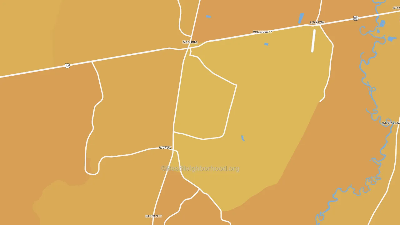 Map of the best neighborhoods in the Nahunta area, with better matches in green and worse matches in red