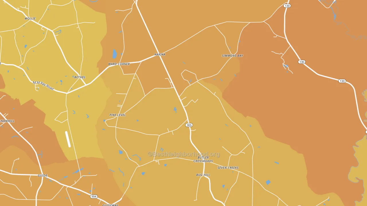 Map of the best neighborhoods in the Nakina area, with better matches in green and worse matches in red