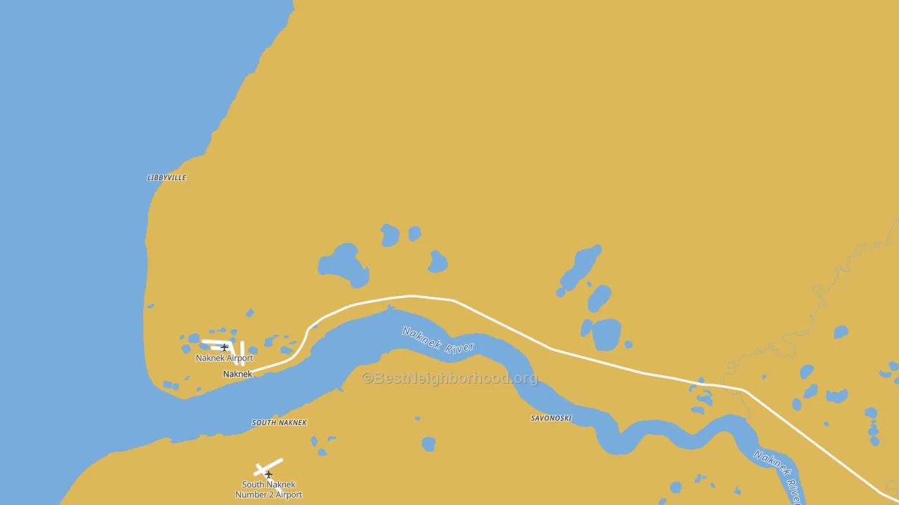 Map of the best neighborhoods in the Naknek area, with better matches in green and worse matches in red