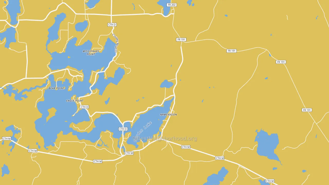 Map of the best neighborhoods in the Namekagon area, with better matches in green and worse matches in red
