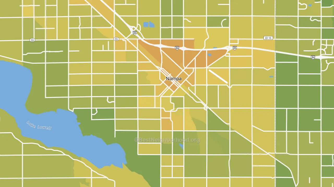 Map of the best neighborhoods in the Nampa area, with better matches in green and worse matches in red