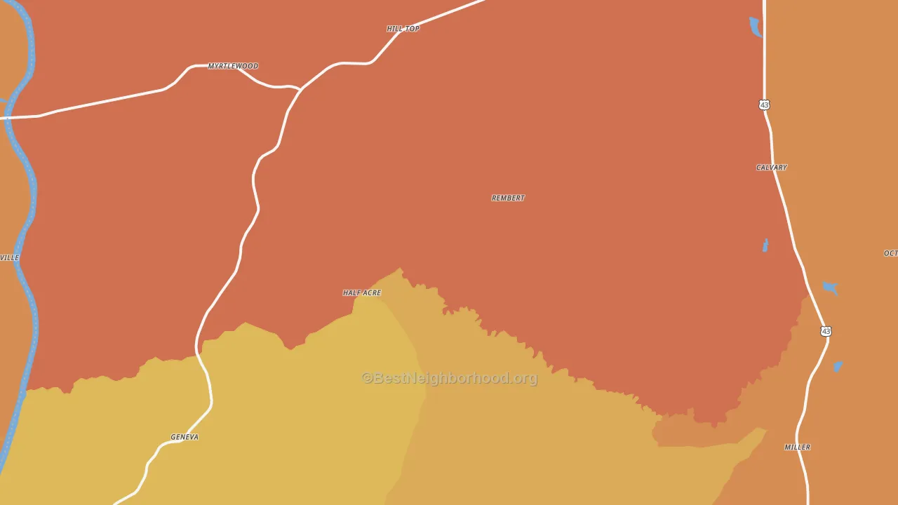 Map of the best neighborhoods in the Nanafalia area, with better matches in green and worse matches in red