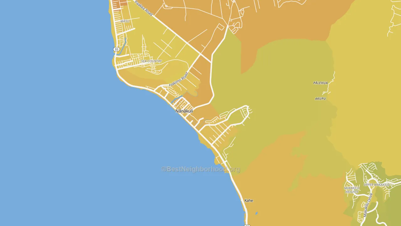 Map of the best neighborhoods in the Nanakuli area, with better matches in green and worse matches in red