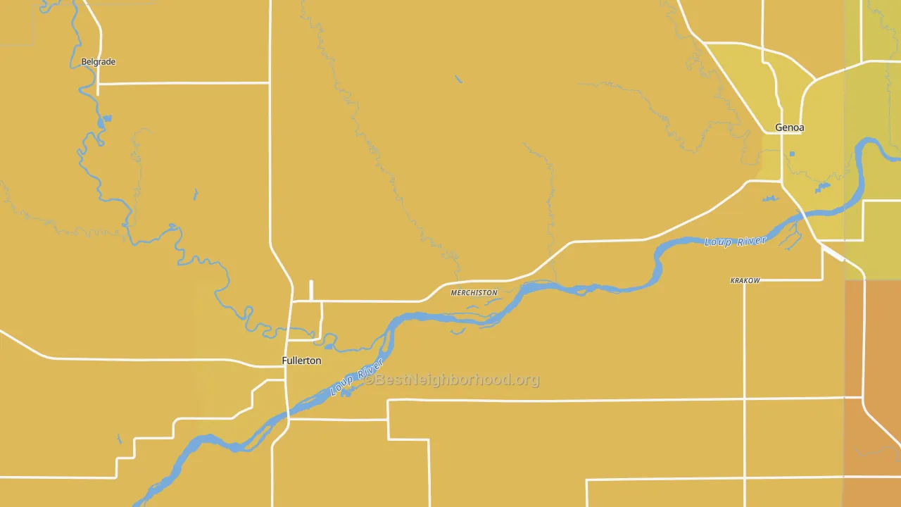 Map of the best neighborhoods in the Nance County area, with better matches in green and worse matches in red
