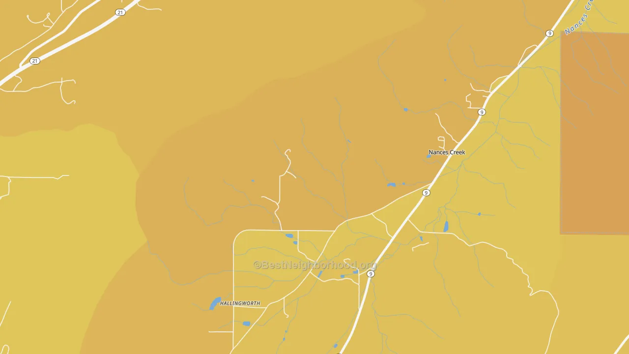 Map of the best neighborhoods in the Nances Creek area, with better matches in green and worse matches in red
