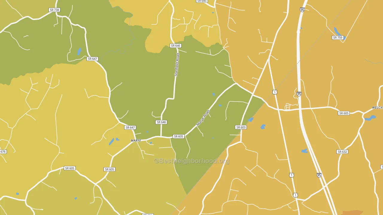 Map of the best neighborhoods in the Nancy Wrights Corner area, with better matches in green and worse matches in red