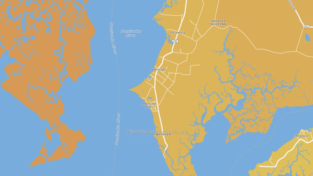 Map of the best neighborhoods in the Nanticoke area, with better matches in green and worse matches in red