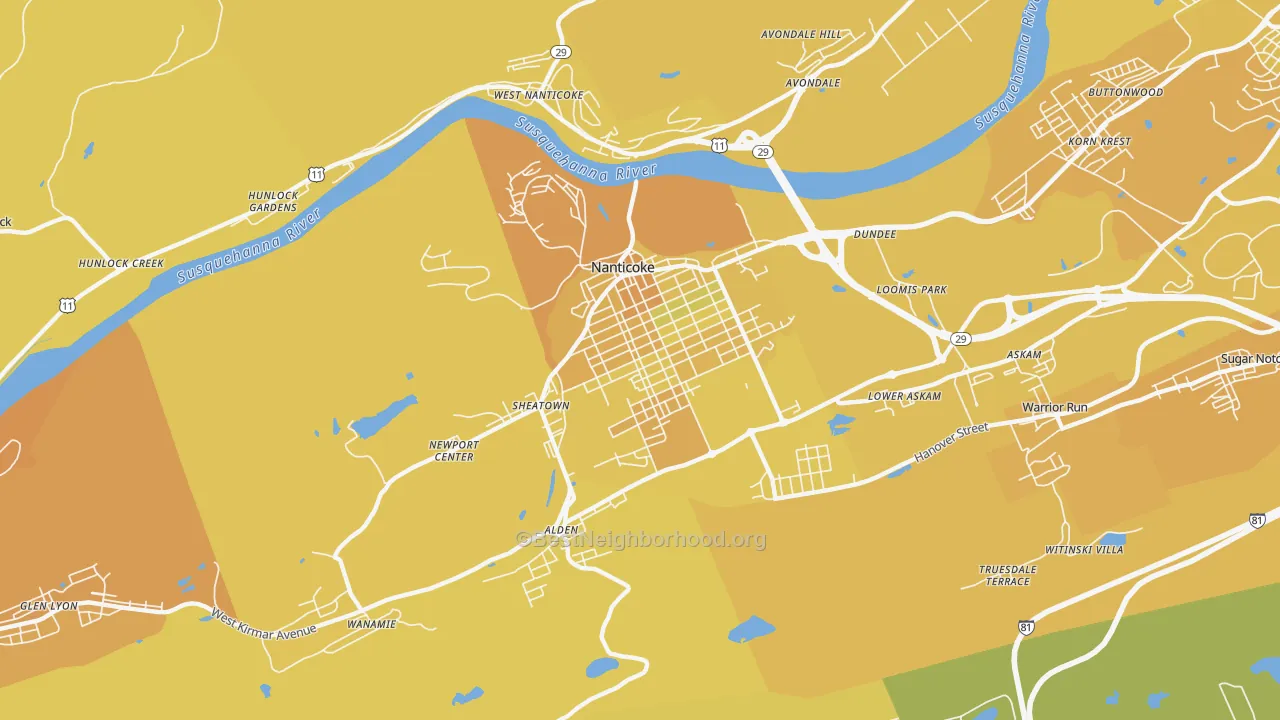 Map of the best neighborhoods in the Nanticoke area, with better matches in green and worse matches in red
