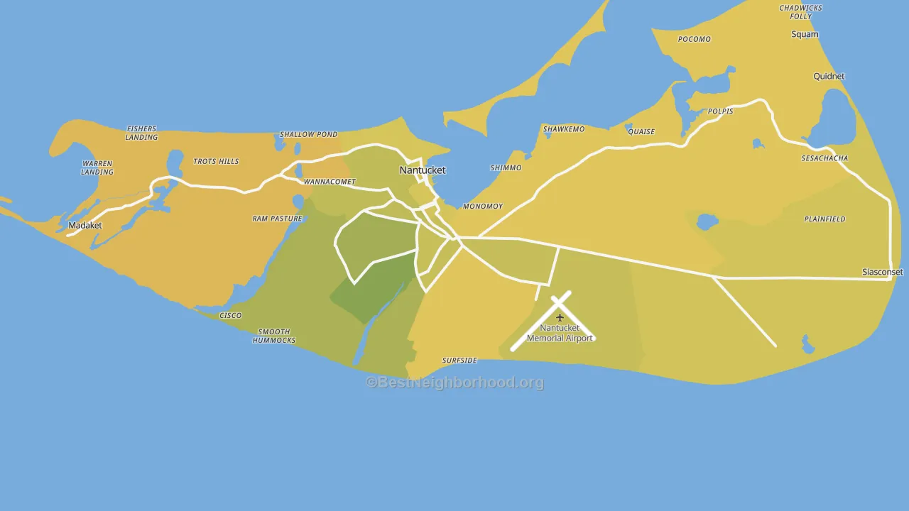 Map of the best neighborhoods in the Nantucket County area, with better matches in green and worse matches in red