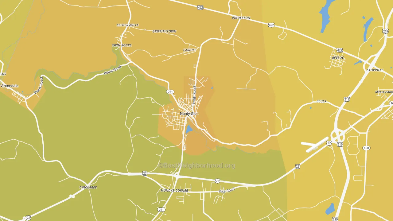 Map of the best neighborhoods in the Nanty-Glo area, with better matches in green and worse matches in red