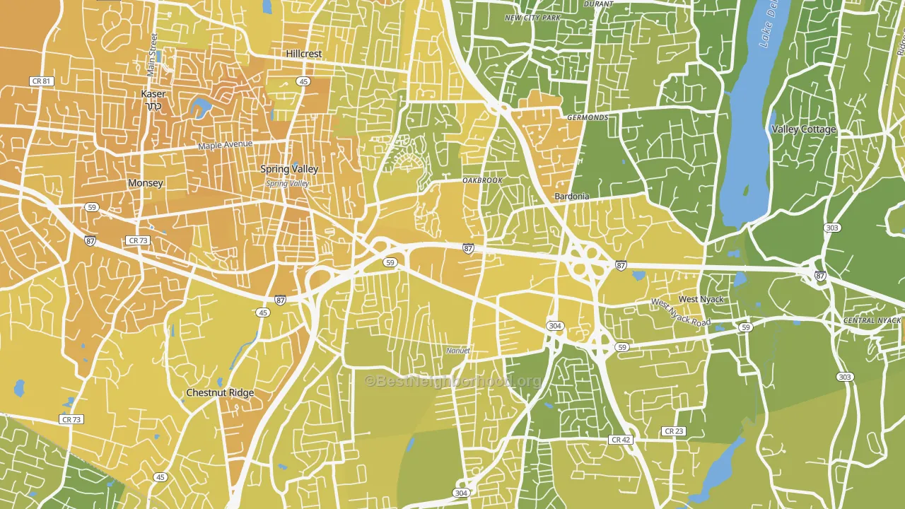 Map of the best neighborhoods in the Nanuet area, with better matches in green and worse matches in red