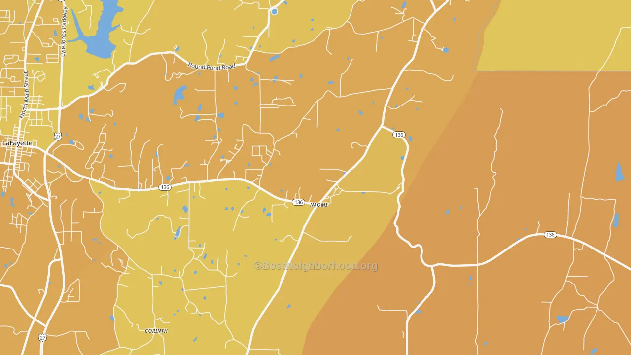 Map of the best neighborhoods in the Naomi area, with better matches in green and worse matches in red