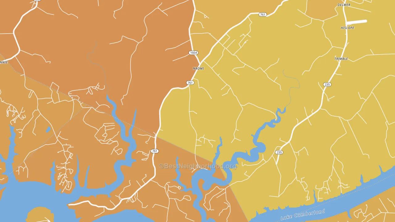 Map of the best neighborhoods in the Naomi area, with better matches in green and worse matches in red