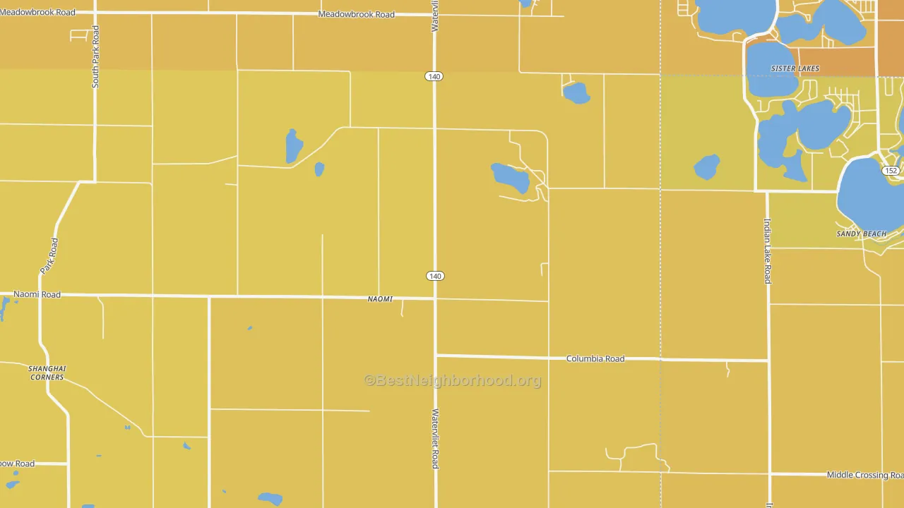 Map of the best neighborhoods in the Naomi area, with better matches in green and worse matches in red