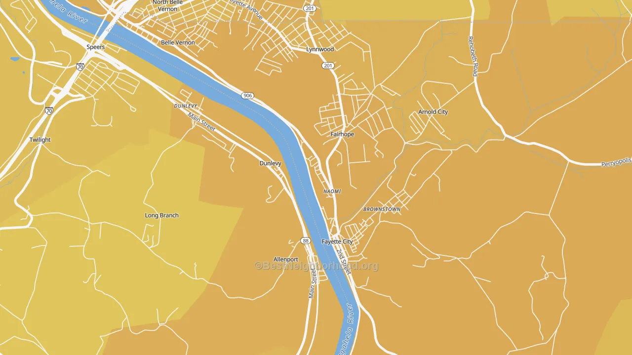 Map of the best neighborhoods in the Naomi area, with better matches in green and worse matches in red