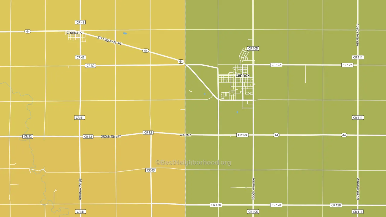 Map of the best neighborhoods in the Naomi area, with better matches in green and worse matches in red