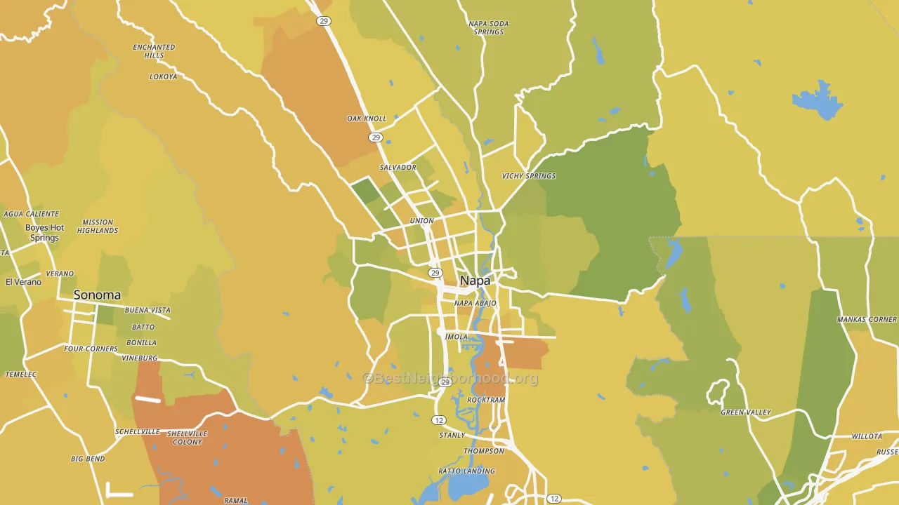 Map of the best neighborhoods in the Napa Metro area, with better matches in green and worse matches in red