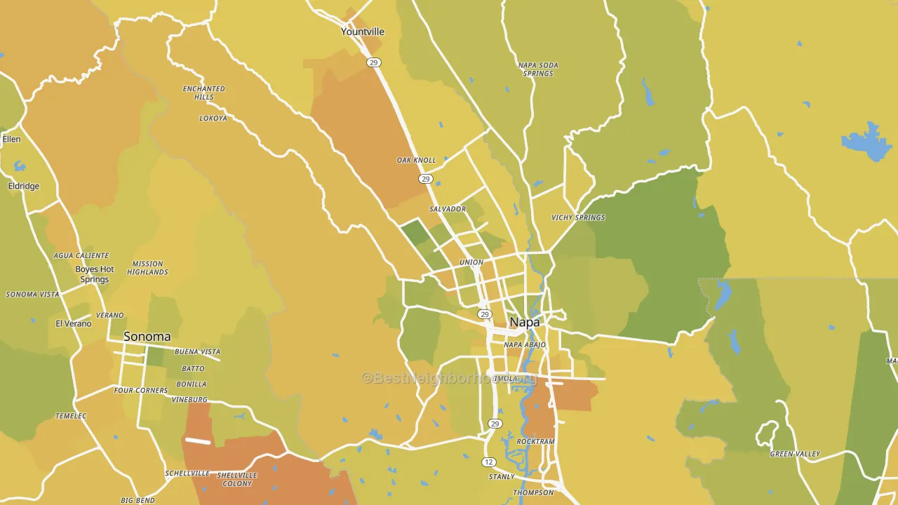 Map of the best neighborhoods in the Napa County area, with better matches in green and worse matches in red