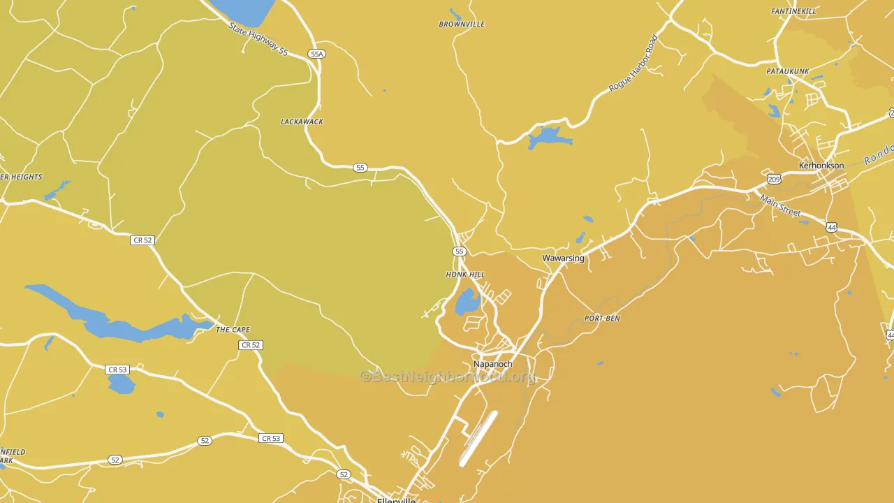 Map of the best neighborhoods in the Napanoch area, with better matches in green and worse matches in red