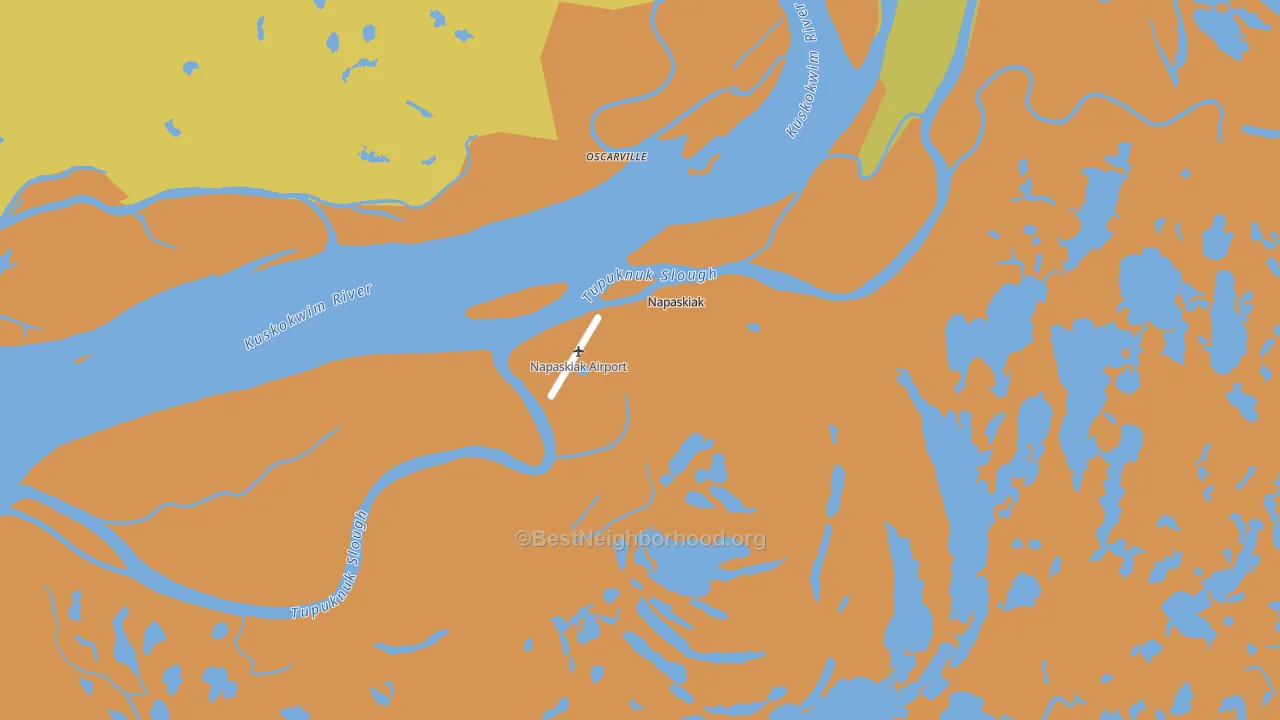 Map of the best neighborhoods in the Napaskiak area, with better matches in green and worse matches in red