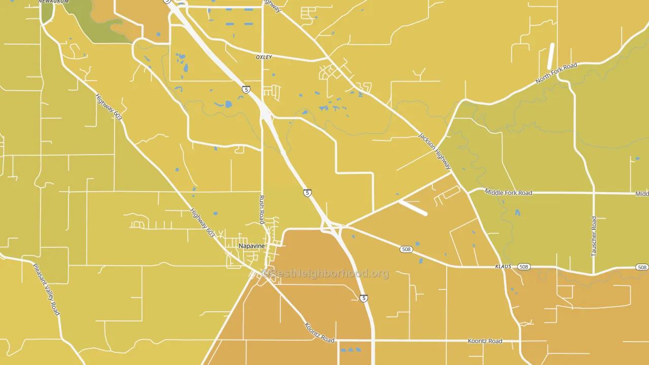 Map of the best neighborhoods in the Napavine area, with better matches in green and worse matches in red