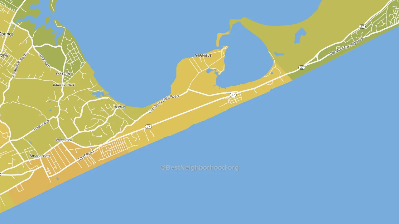 Map of the best neighborhoods in the Napeague area, with better matches in green and worse matches in red