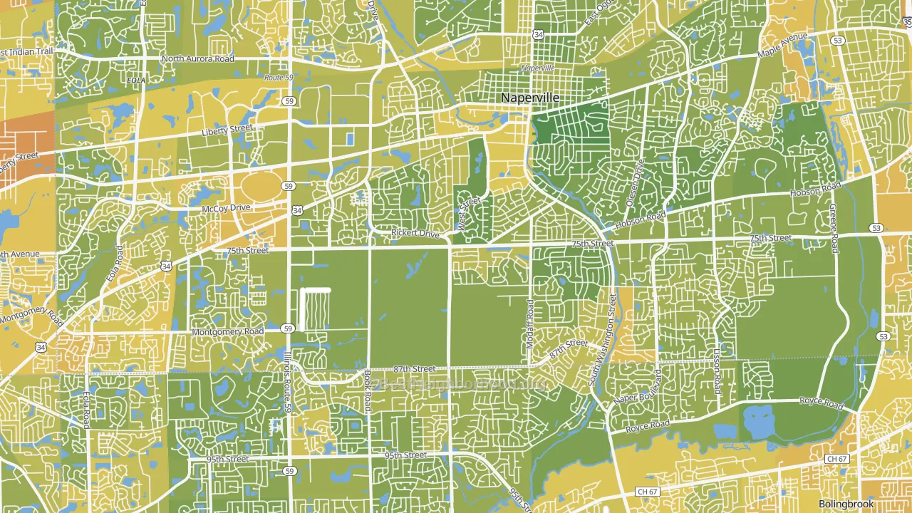 Map of the best neighborhoods in the Naperville area, with better matches in green and worse matches in red