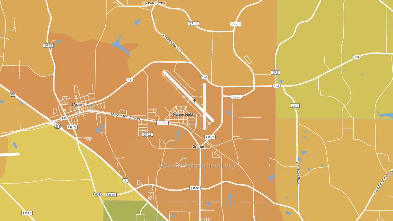 Map of the best neighborhoods in the Napier Field area, with better matches in green and worse matches in red
