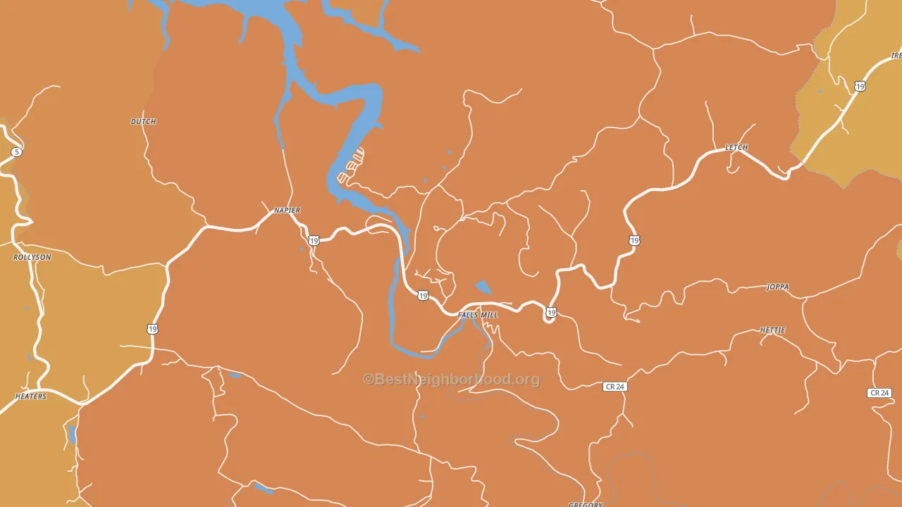Map of the best neighborhoods in the Napier area, with better matches in green and worse matches in red