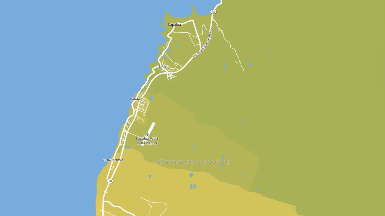 Map of the best neighborhoods in the Napili area, with better matches in green and worse matches in red