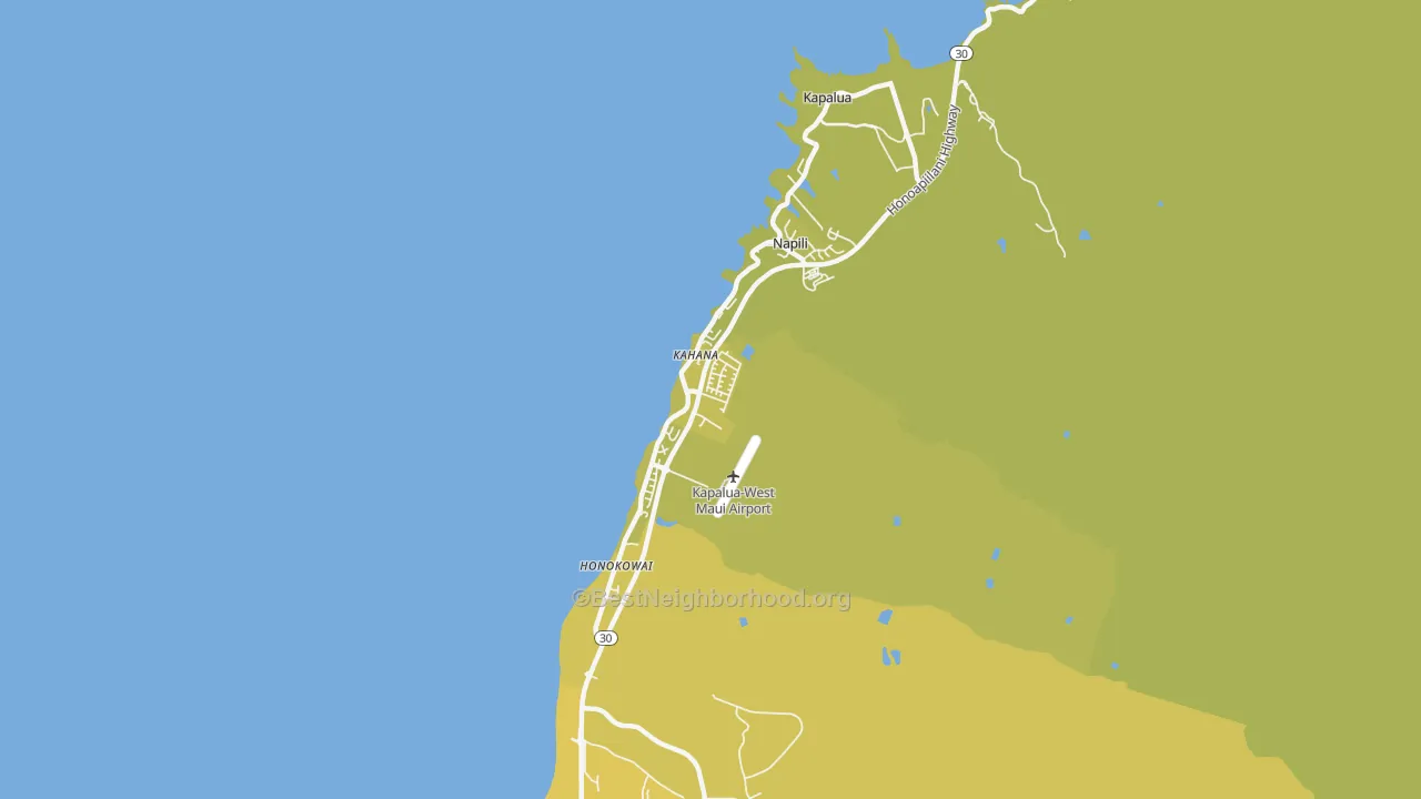 Map of the best neighborhoods in the Napili-Honokowai, Lahaina area, with better matches in green and worse matches in red