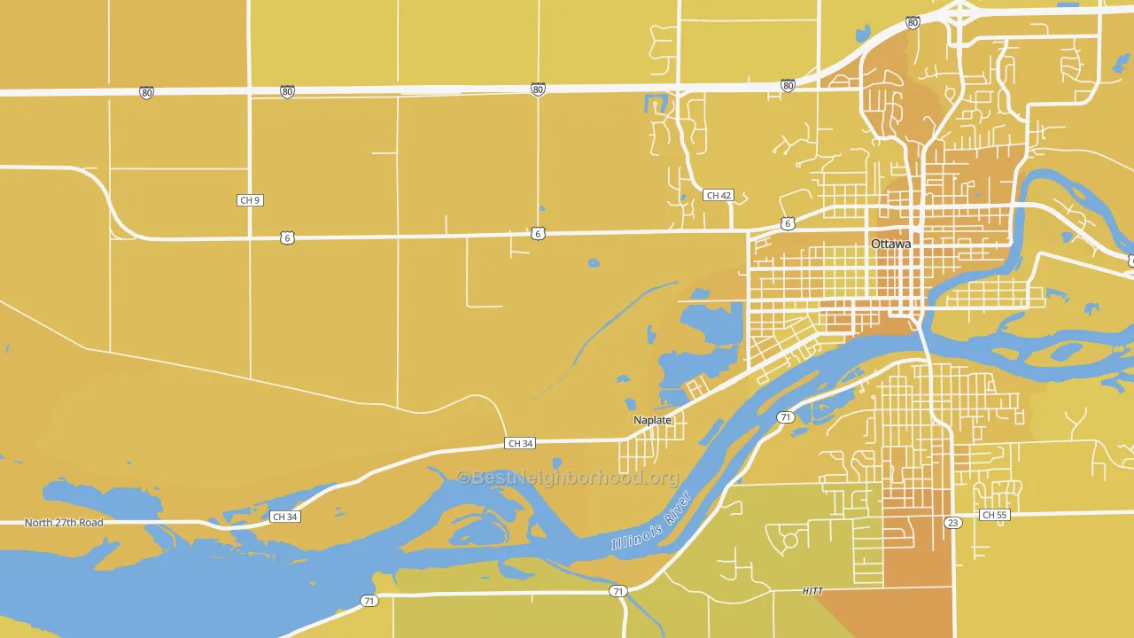Map of the best neighborhoods in the Naplate area, with better matches in green and worse matches in red
