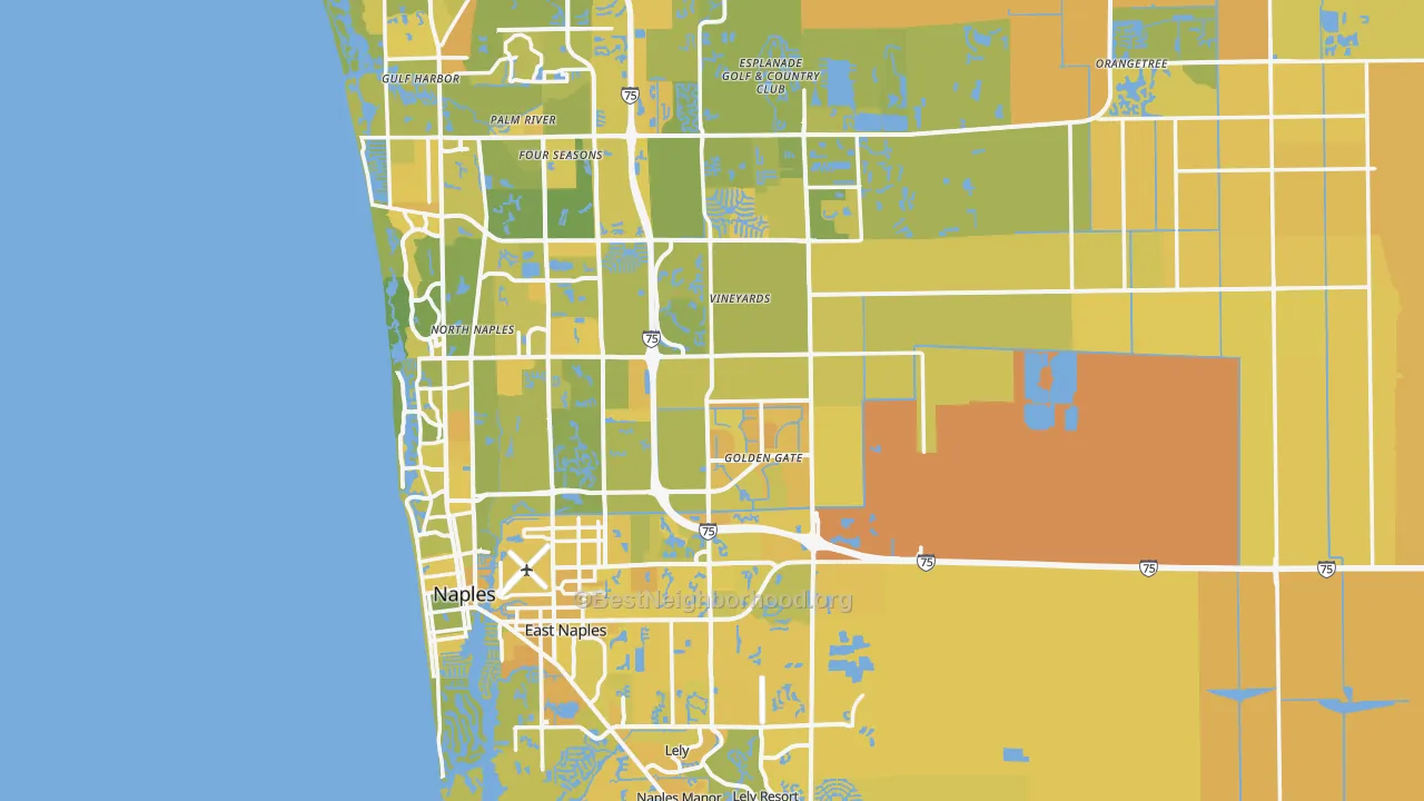 Map of the best neighborhoods in the Naples Metro area, with better matches in green and worse matches in red