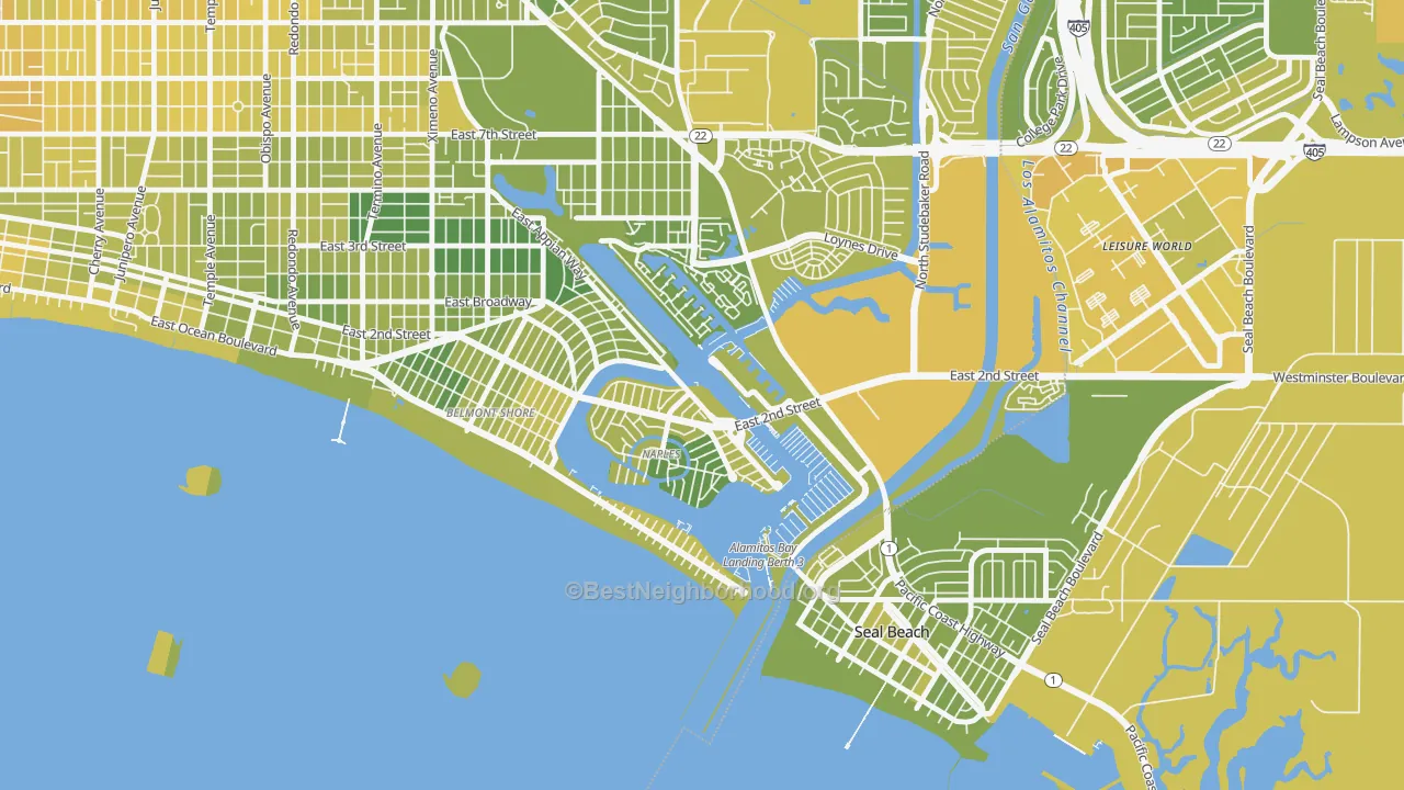 Map of the best neighborhoods in the Naples-Marina Area, Long Beach area, with better matches in green and worse matches in red