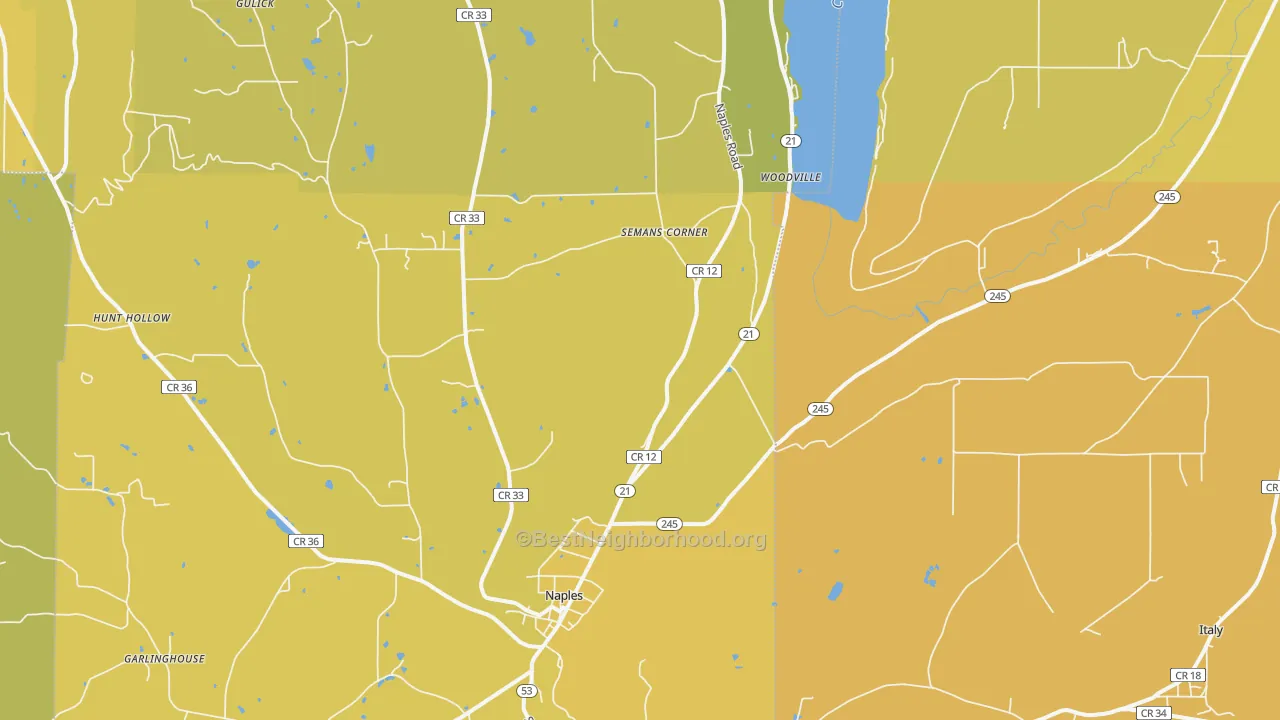 Map of the best neighborhoods in the Naples area, with better matches in green and worse matches in red