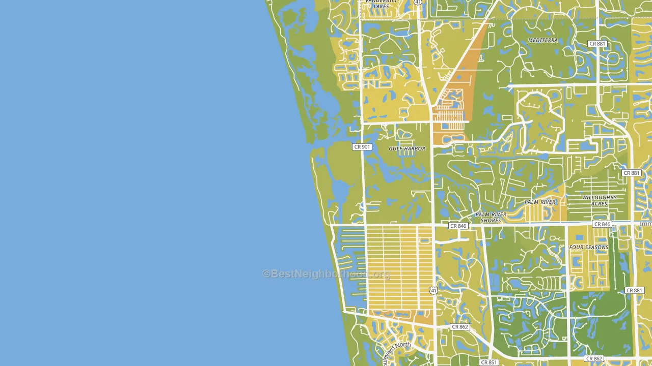 Map of the best neighborhoods in the Naples Park area, with better matches in green and worse matches in red