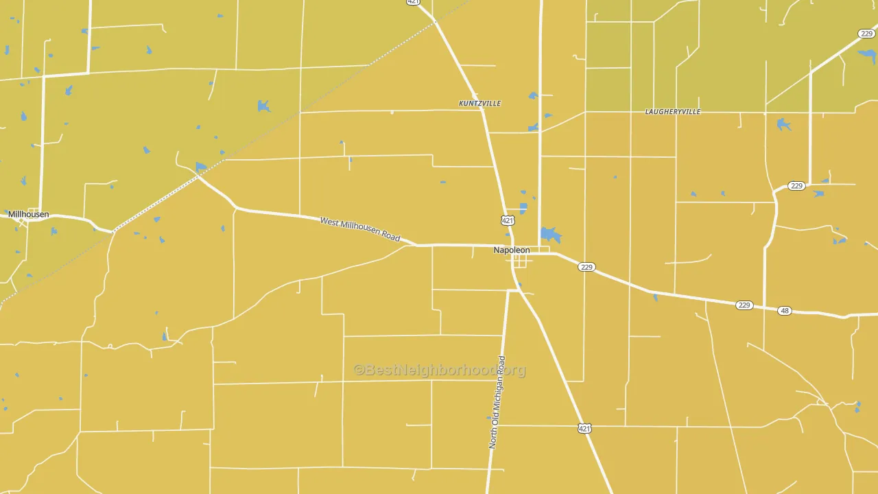 Map of the best neighborhoods in the Napoleon area, with better matches in green and worse matches in red