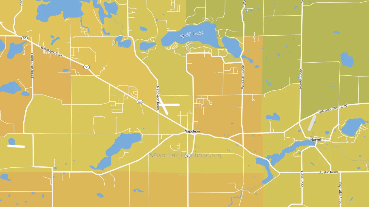 Map of the best neighborhoods in the Napoleon area, with better matches in green and worse matches in red
