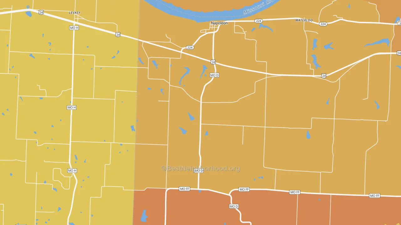 Map of the best neighborhoods in the Napoleon area, with better matches in green and worse matches in red