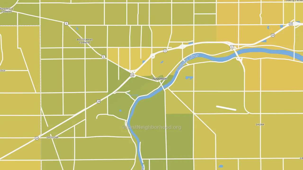 Map of the best neighborhoods in the Napoleon area, with better matches in green and worse matches in red