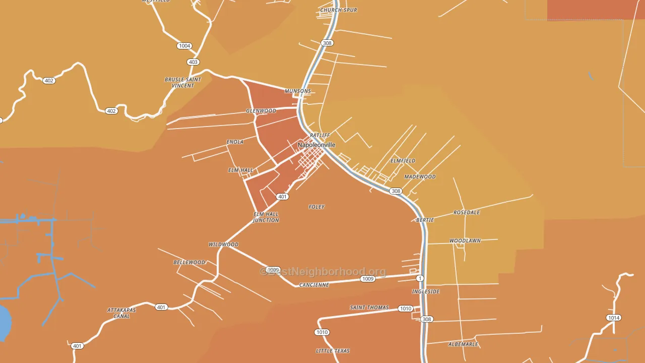 Map of the best neighborhoods in the Napoleonville area, with better matches in green and worse matches in red